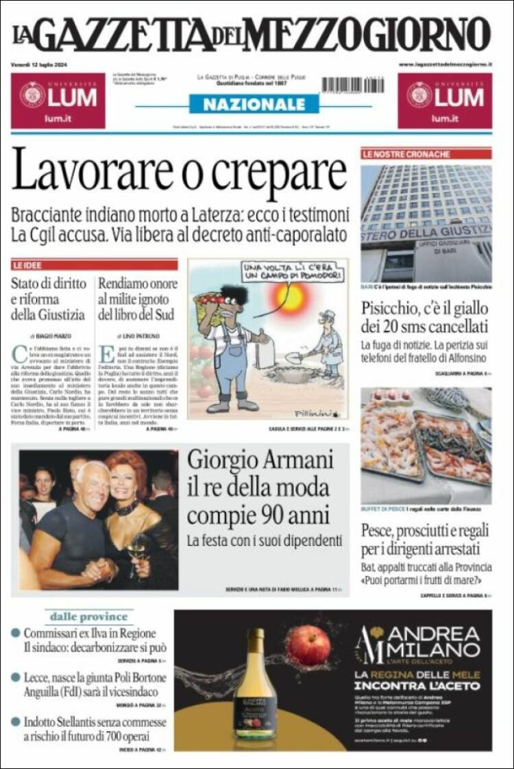 Portada de La Gazzetta del Mezzogiorno (Italia)