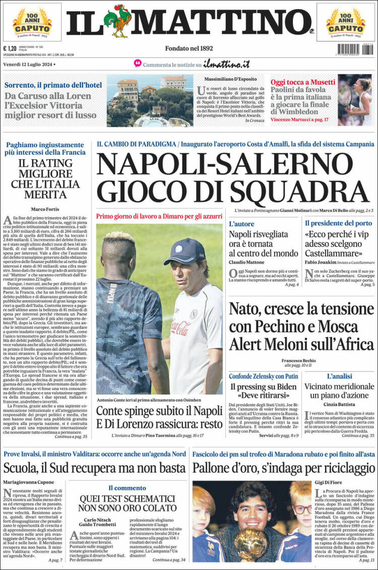 Portada de Il Mattino (Italia)