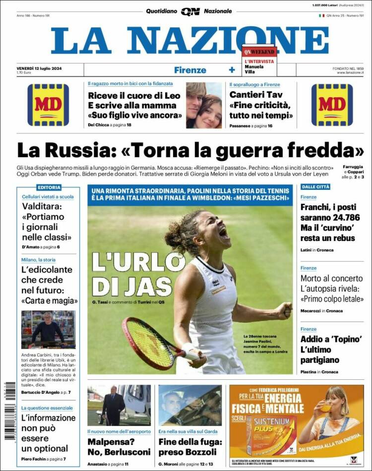 Portada de La Nazione (Italia)