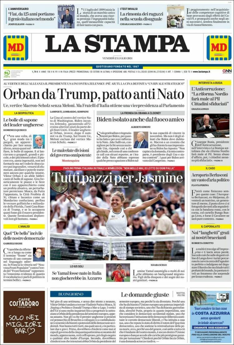 Portada de La Stampa (Italia)