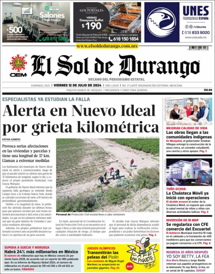 Portada de El Sol de Durango (M&eacute;xico)