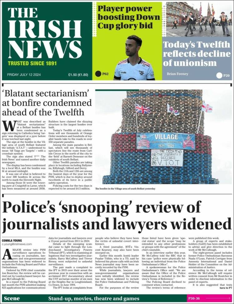 Portada de Irish News (Reino Unido)