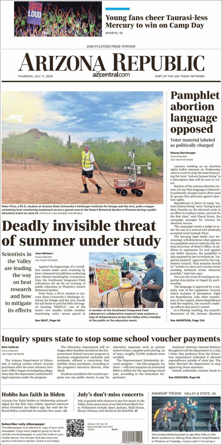 Portada de Arizona Republic News (USA)