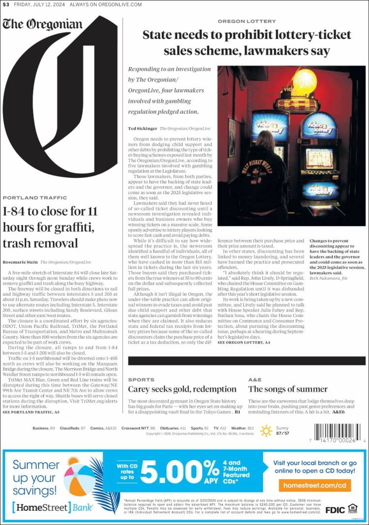 Portada de The Oregonian (USA)