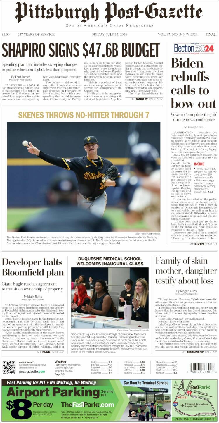 Portada de Pittsburgh Post-Gazette (USA)