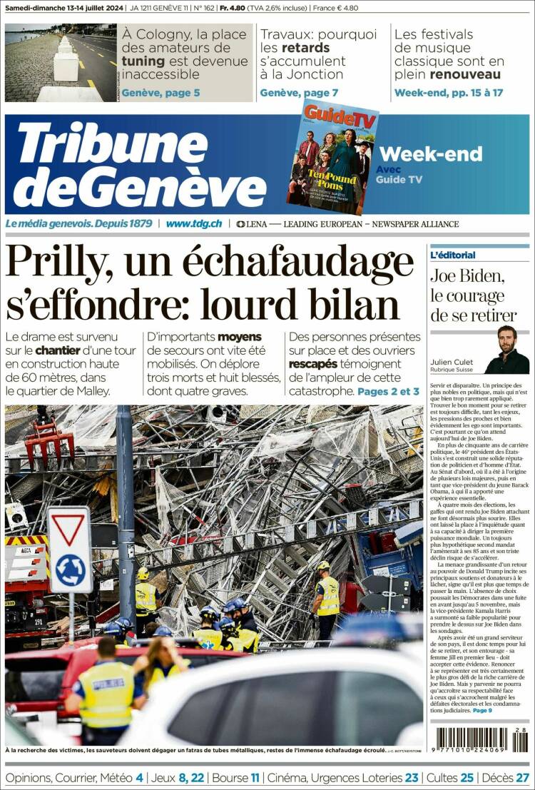 Portada de La Tribune de Genève (Suiza)