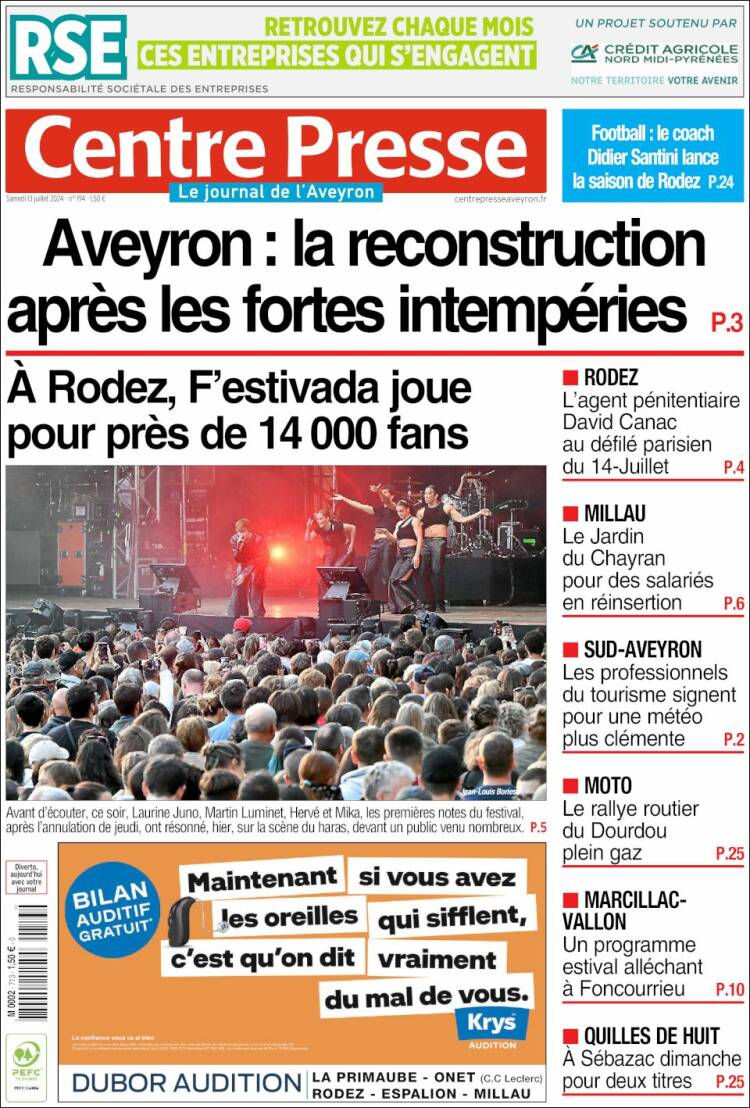 Portada de Centre Presse (Francia)