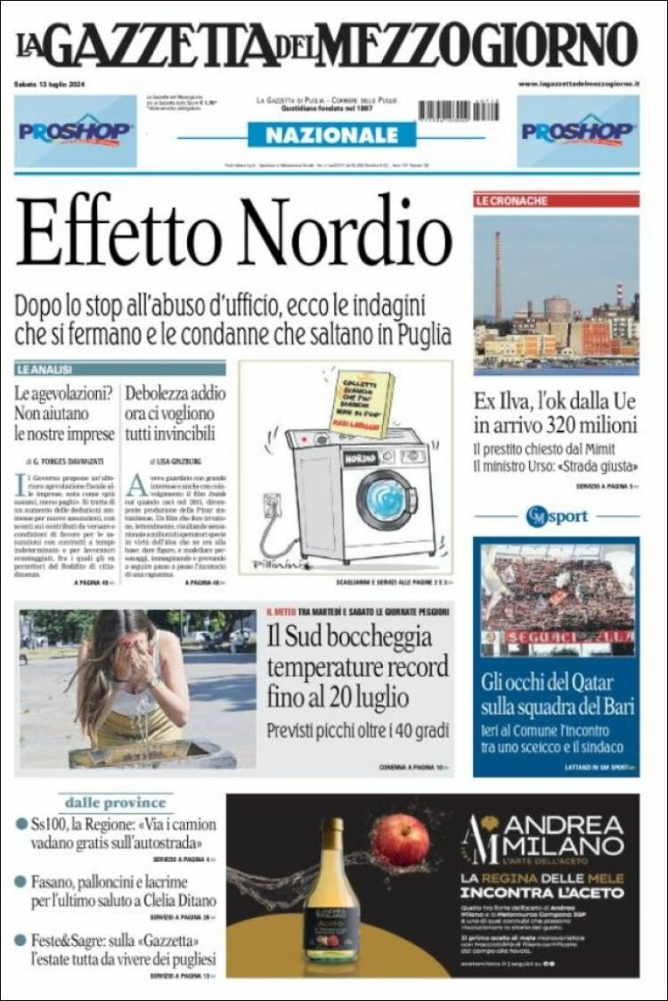 Portada de La Gazzetta del Mezzogiorno (Italia)