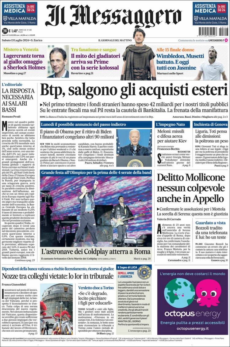 Portada de Il Messaggero (Italia)