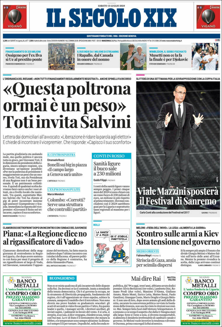 Portada de Il Secolo XIX (Italia)