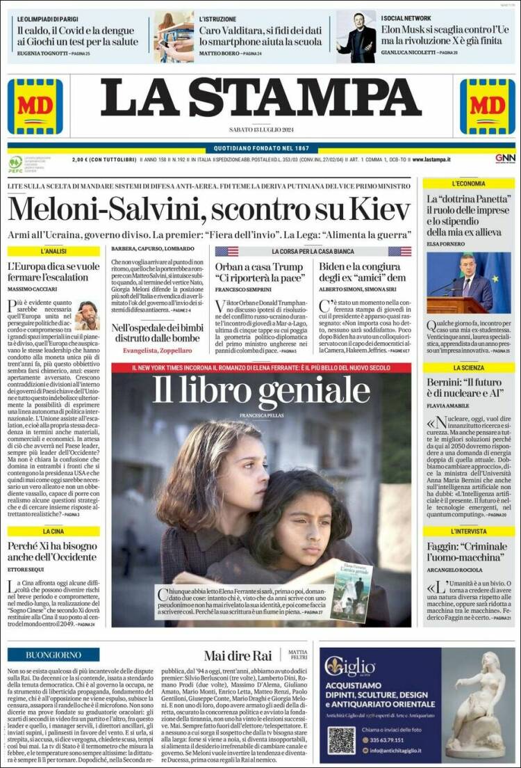 Portada de La Stampa (Italia)