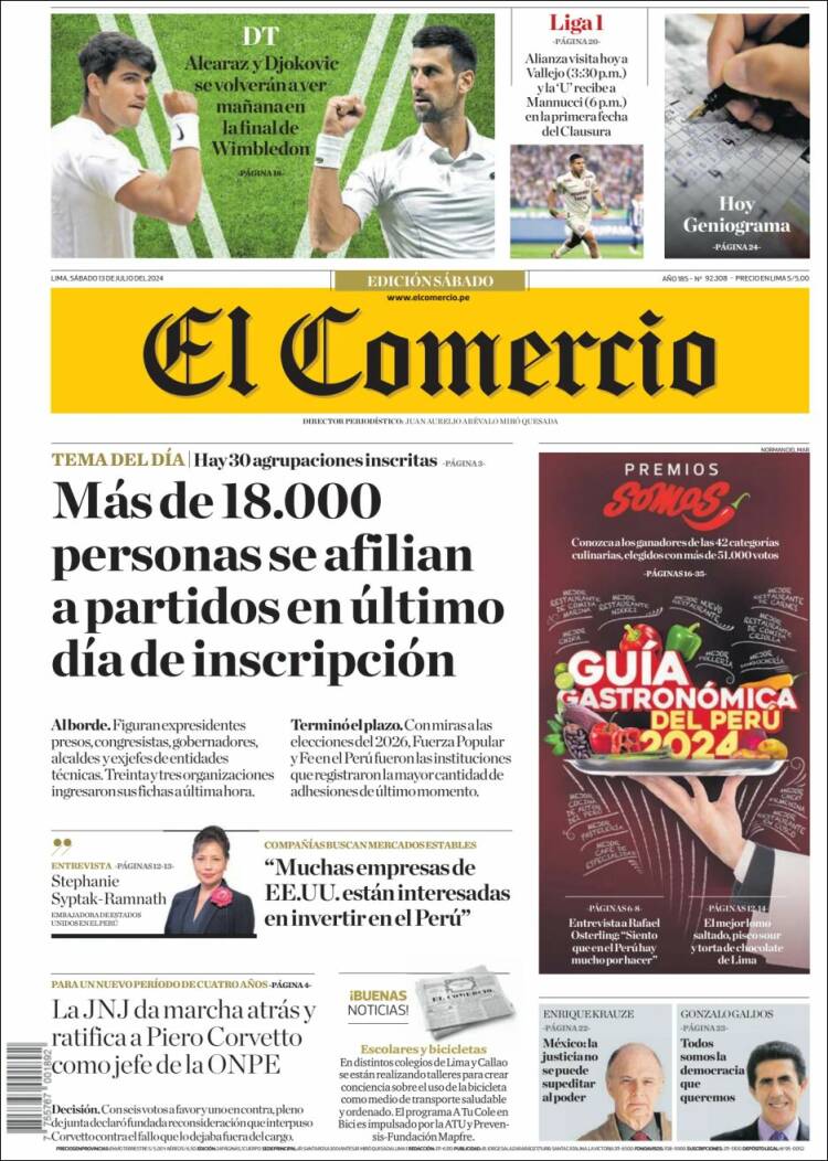 Portada de El Comercio (Per&uacute;)