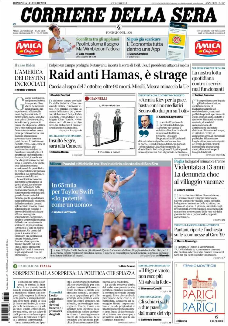 Portada de Corriere della Sera (Italia)