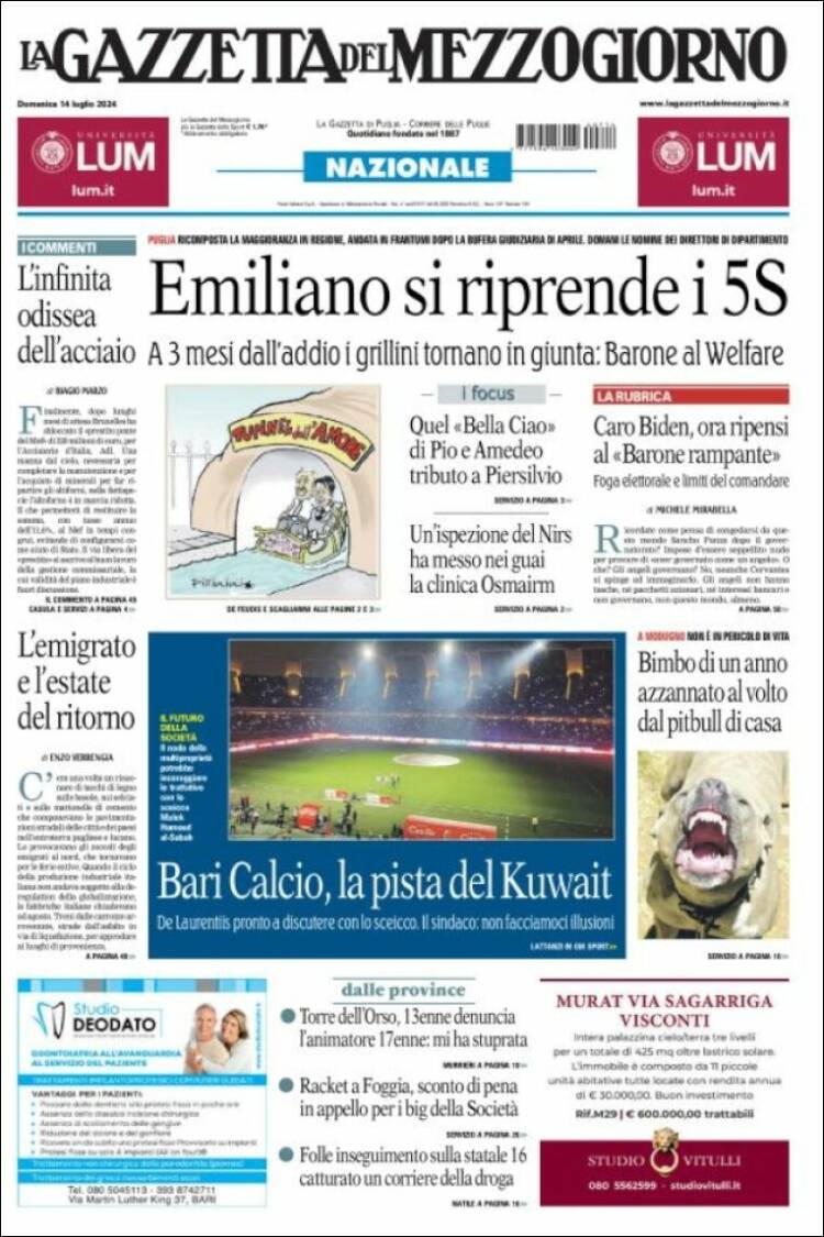 Portada de La Gazzetta del Mezzogiorno (Italia)