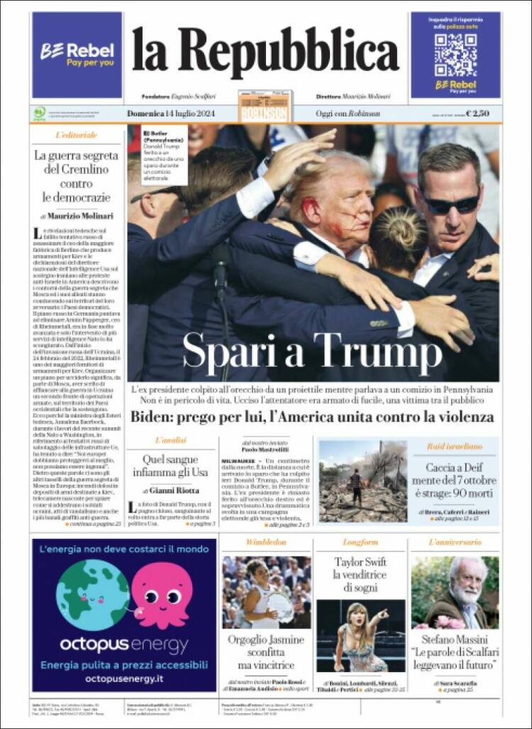 Portada de La Repubblica (Italia)