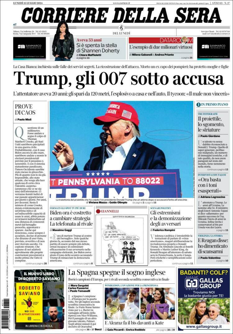 Portada de Corriere della Sera (Italia)
