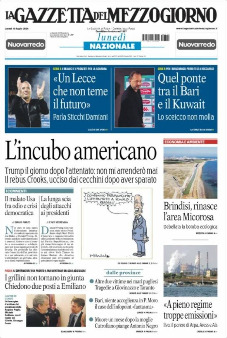 Portada de La Gazzetta del Mezzogiorno (Italia)