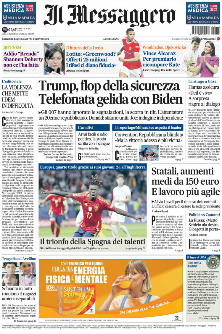 Portada de Il Messaggero (Italia)