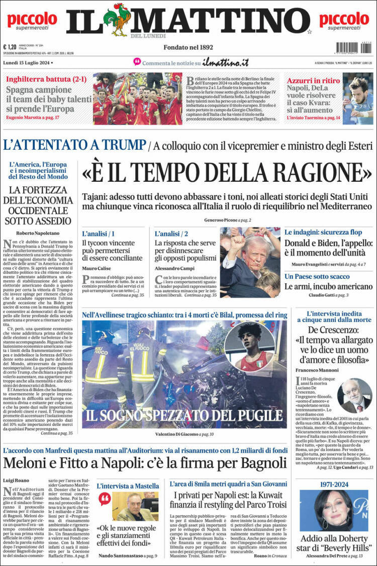 Portada de Il Mattino (Italia)