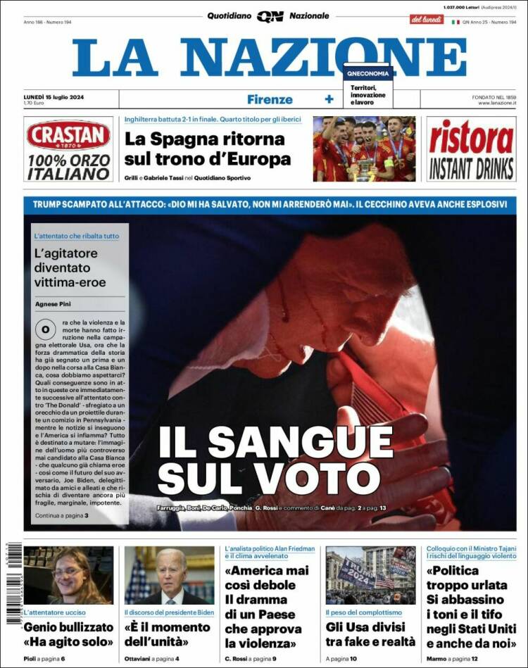 Portada de La Nazione (Italia)