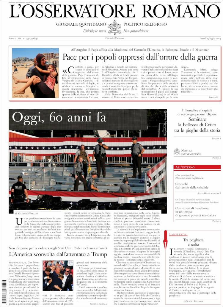 Portada de L'Osservatore Romano (Italia)