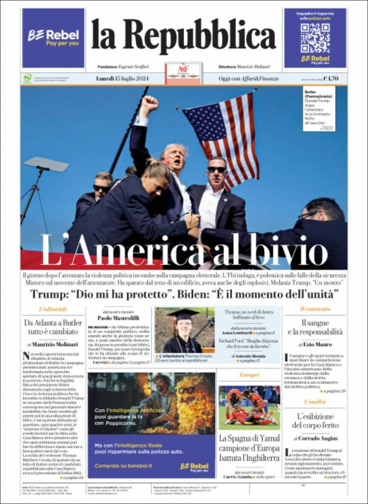 Portada de La Repubblica (Italia)