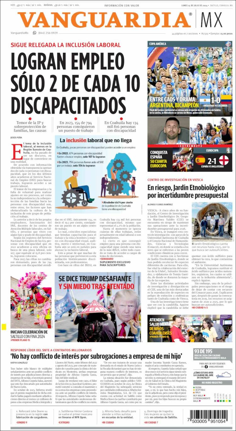 Portada de Vanguardia (M&eacute;xico)