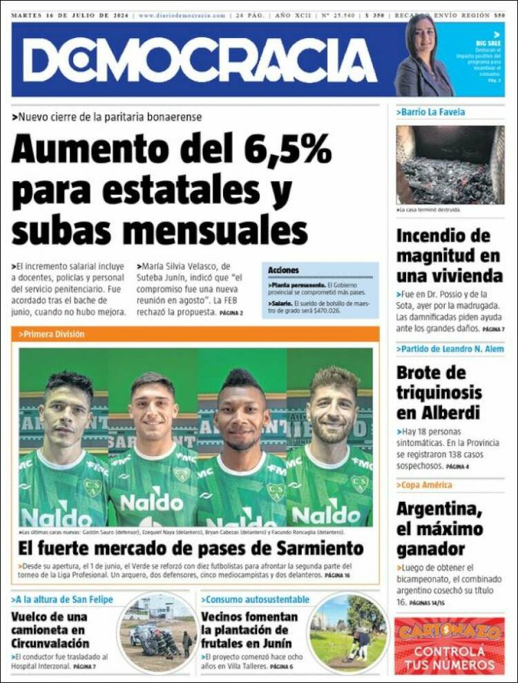 Portada de Diario Democracia (Argentina)