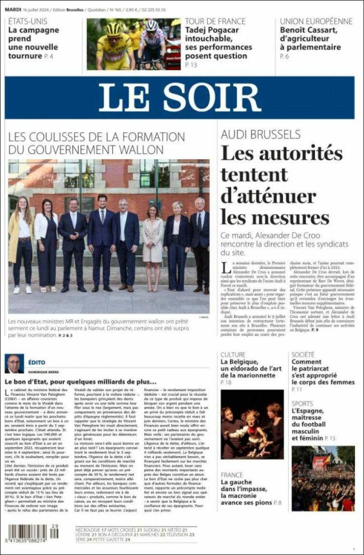 Portada de Le Soir (B&eacute;lgica)