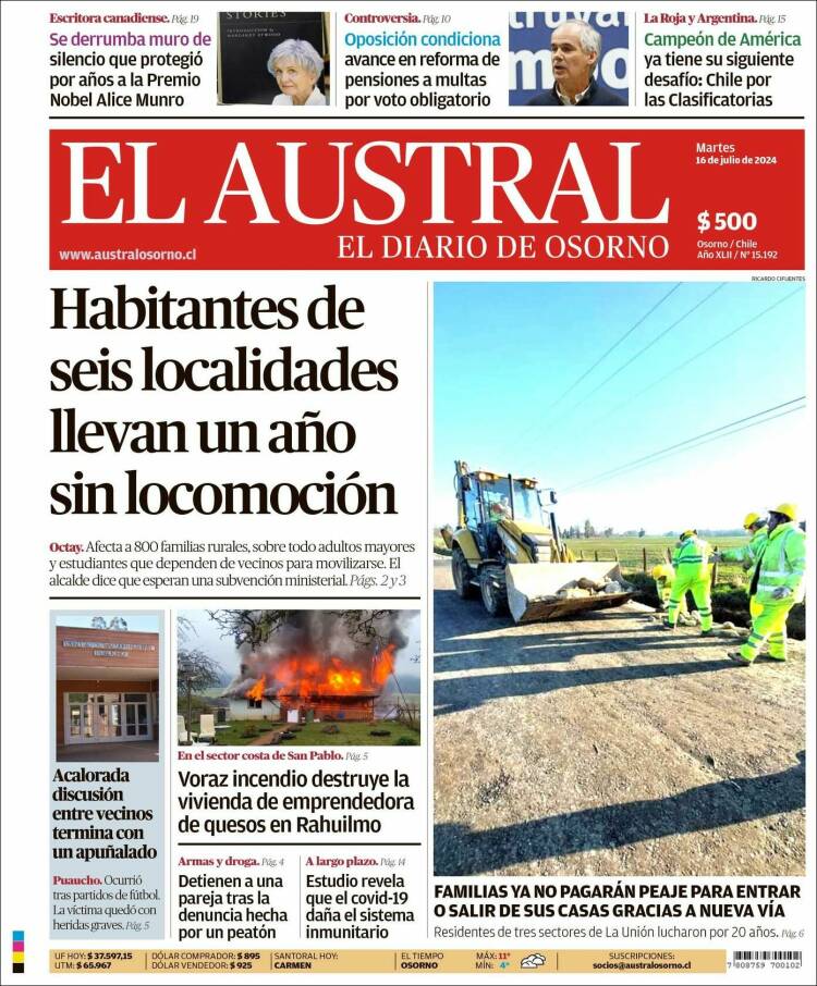 Portada de El Austral de Osorno (Chile)