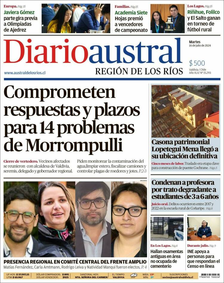 Portada de El Diario Austral de Valdivia (Chile)