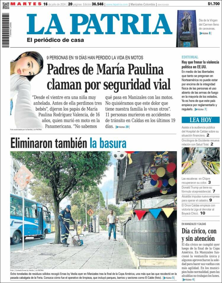 Portada de La Patria (Colombia)