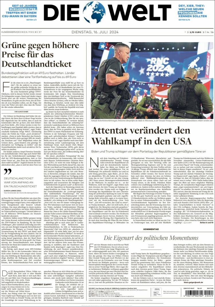 Portada de Die Welt (Alemania)