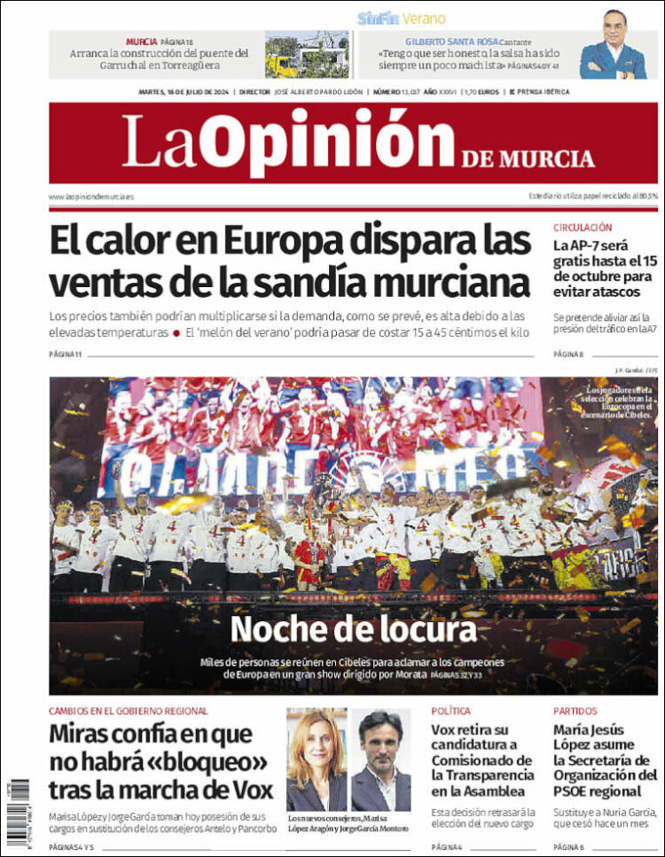 Portada de La Opinión de Murcia (España)