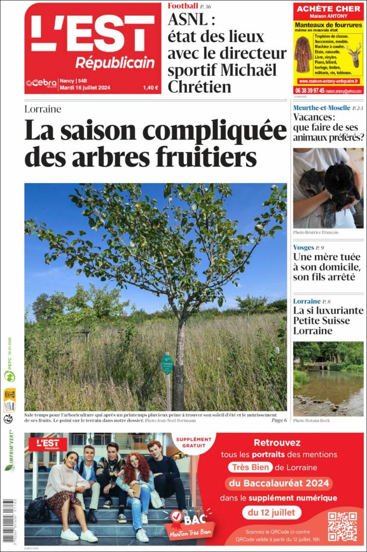 Portada de L'Est Republicain (Francia)