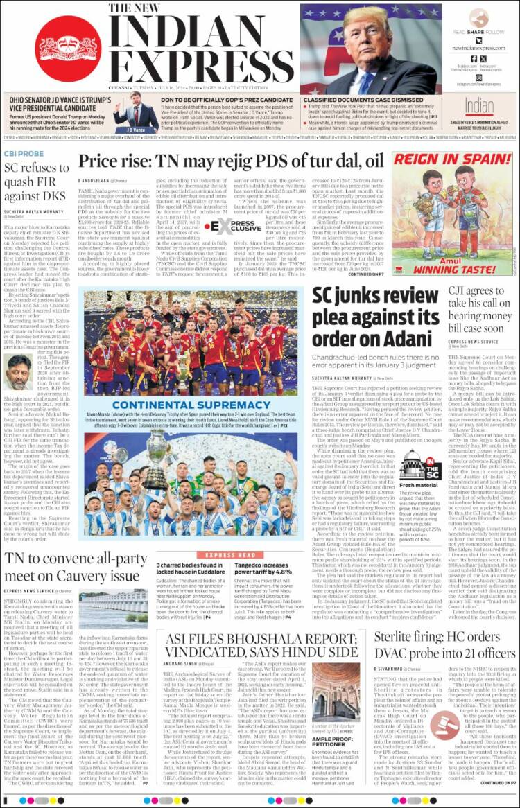 Portada de New Indian Express (India)