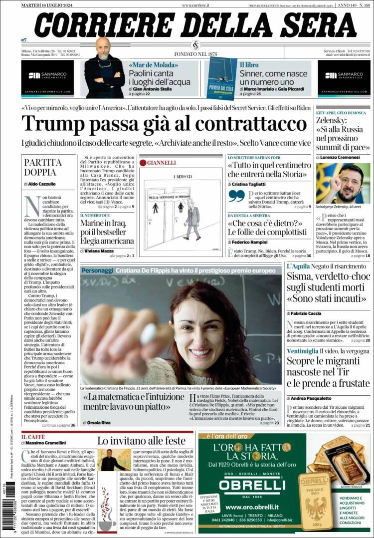Portada de Corriere della Sera (Italia)