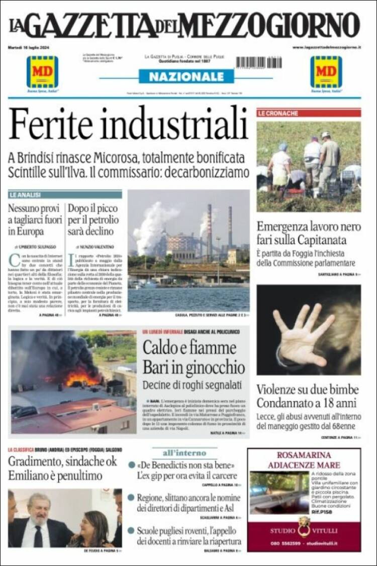 Portada de La Gazzetta del Mezzogiorno (Italia)
