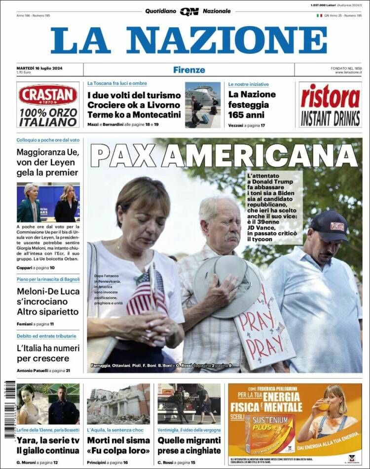 Portada de La Nazione (Italia)