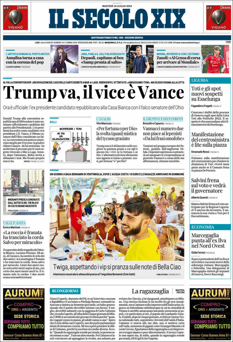 Portada de Il Secolo XIX (Italia)