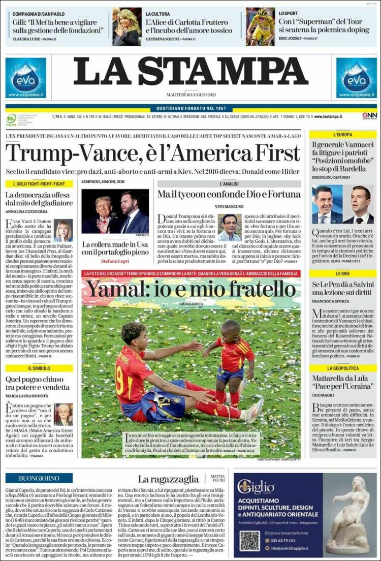 Portada de La Stampa (Italia)