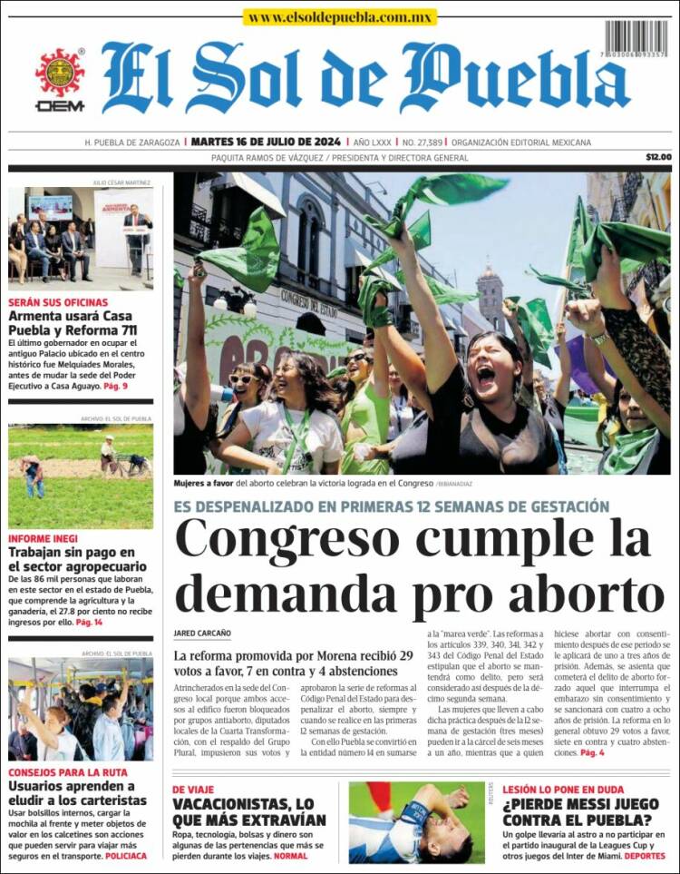 Portada de El Sol de Puebla (M&eacute;xico)