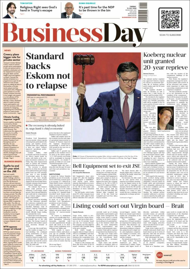 Portada de Business Day (Sud&aacute;frica)