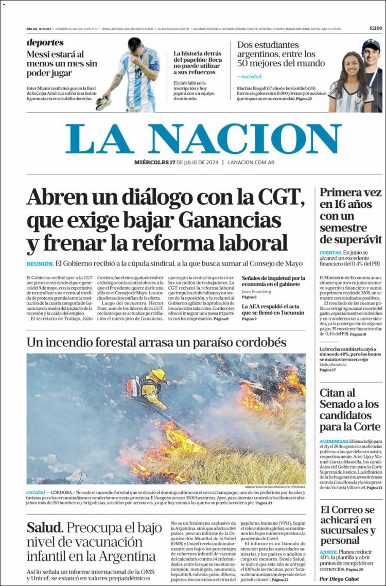 Portada de La Nación (Argentina)