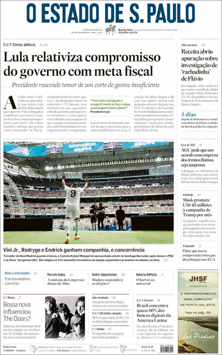 Portada de O Estado de São Paulo (Brasil)