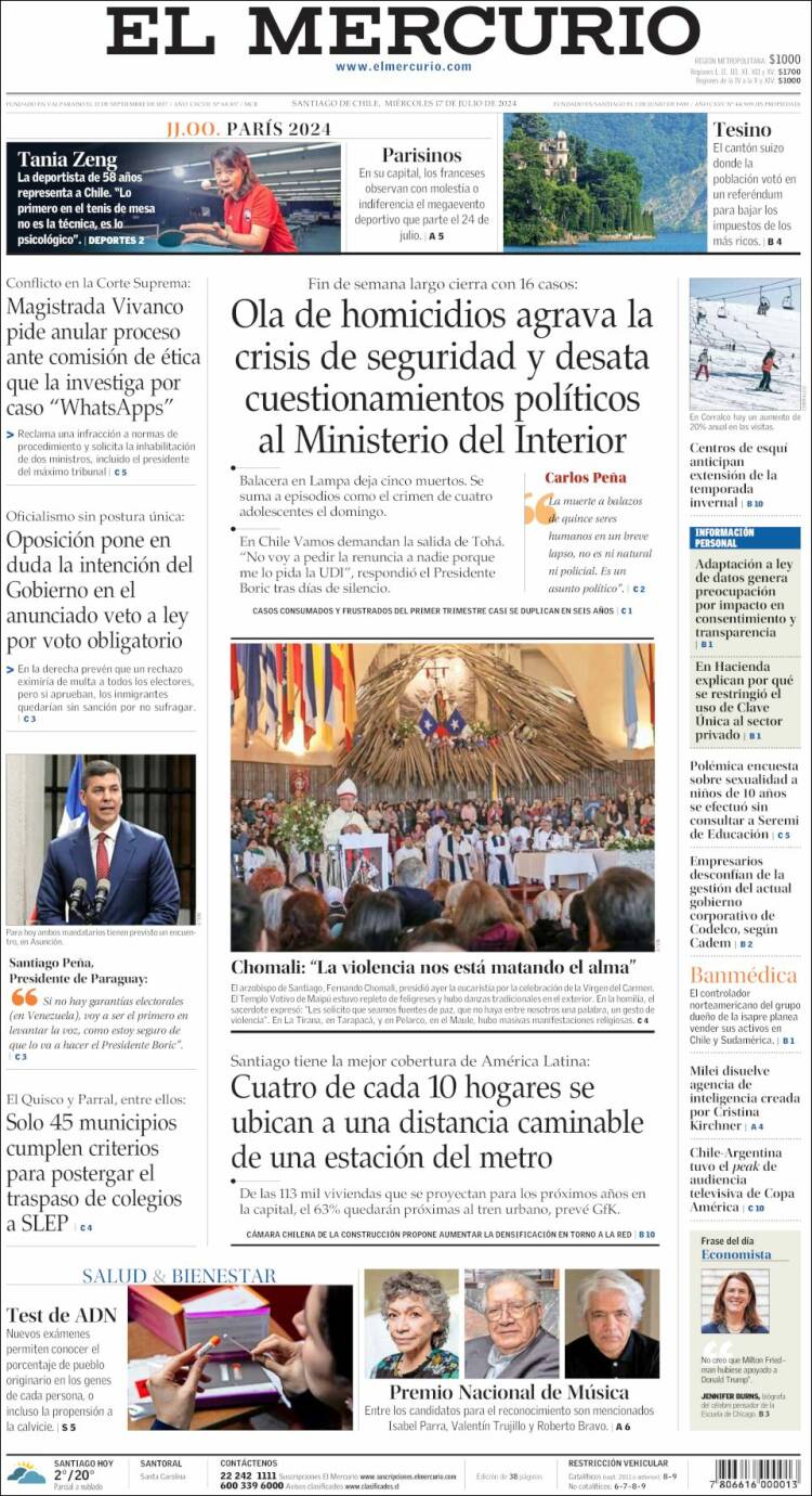 Portada de El Mercurio (Chile)
