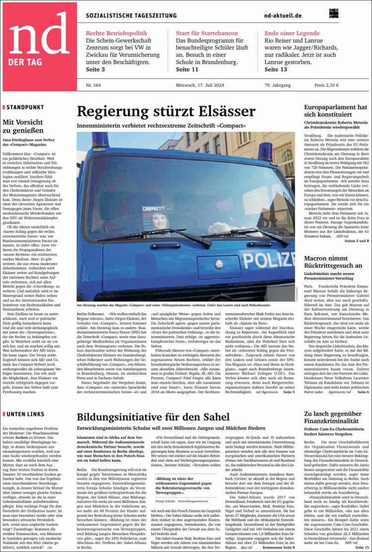 Portada de Neues Deutschland (Alemania)