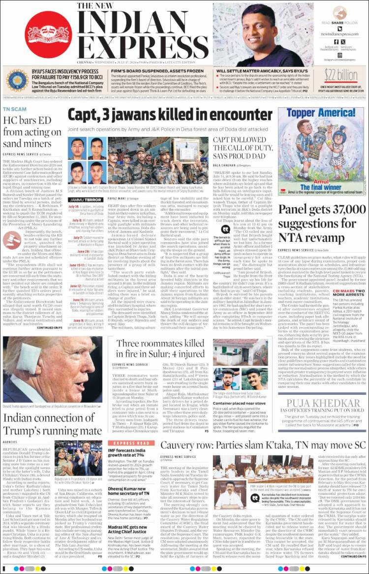 Portada de New Indian Express (India)