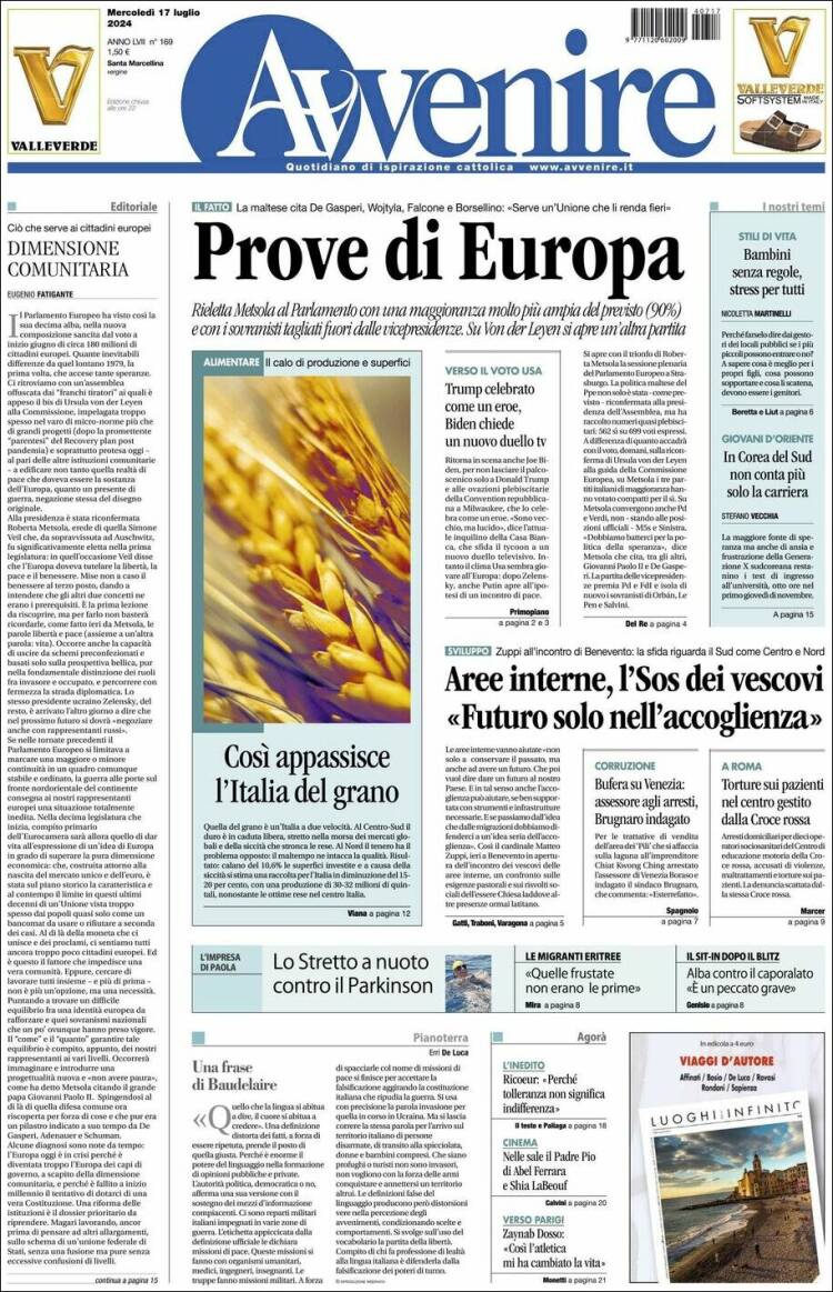 Portada de Avvenire (Italia)