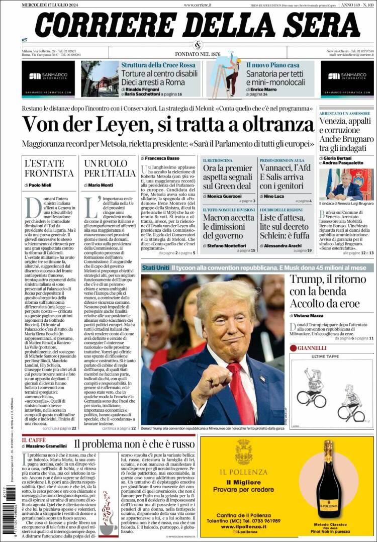 Portada de Corriere della Sera (Italia)